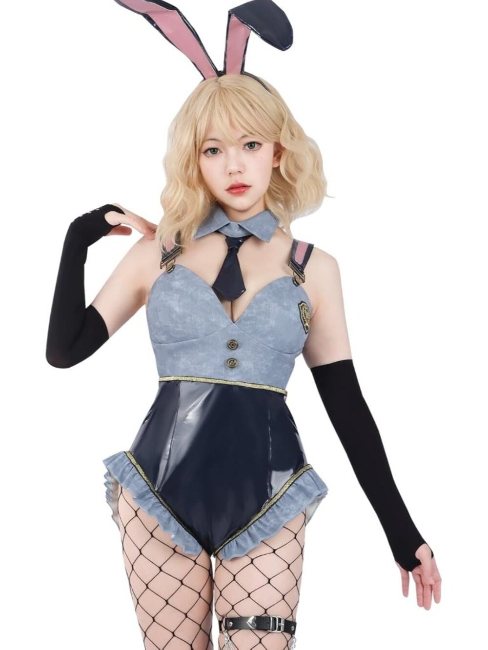 NSPSTT Bunny Girl Anime Cosplay Denim Pleather Bodysuit Costume Womens MEDIUM